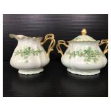 Porcelain green leaf sugar and creamer