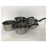 Three Farberware Stainless Steel pots and 1 other