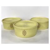 Three vintage yellow Tupperware containers w/ lids