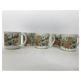 Five hand painted peacock and flower mugs
