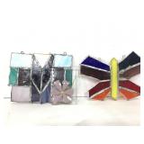 Two amateur slag glass art pieces & flower glass