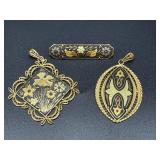 Three damask Niello jewelry pieces