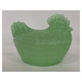 Green jadeite glass hen on a nest lidded dish