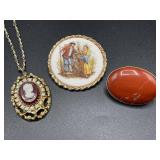 Cameo necklace, scenic brooch & scarf enhancer