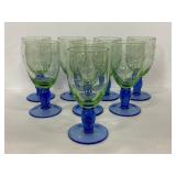 Set of 8 blue & green etched glass stemware
