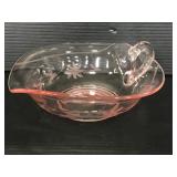 Pink etched glass dish with pour spout