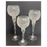 Long stemmed crackle glass candle holder trio