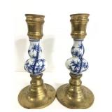 Two vintage brass & porcelain candlesticks
