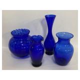 Lot of 4 small vintage blue glass vases