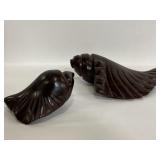 Pair of hand carved walnut wood seashells