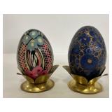 Pair of vintage handpainted eggs in brass stands