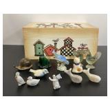 Lot of 12 vintage miniatures in wood birdhouse box