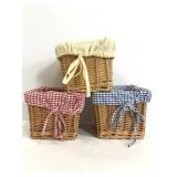 Three cloth insert wicker baskets
