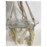 Macrame hanging plant holder with glass dish