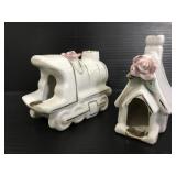 Porcelain train and house ashtrays