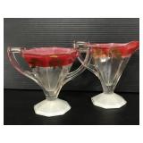 Painted glass octagon pedestal creamer and sugar