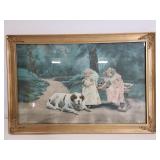 Vintage framed girls & dog print