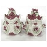 Pair of ceramic ornate floral salt/pepper shakers