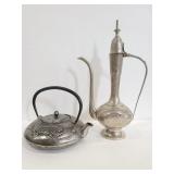 Pair of etched & embossed metal teapots
