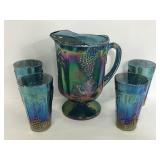 Vintage blue carnival glass pitcher & tumbler set