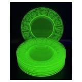 Lot of 8 etched green uranium glass plates
