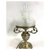 Brass hurricane lamp w/ frosted glass shade