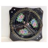 Divided black floral painted dish
