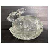 Clear glass rabbit hen on a nest dish w/ lid
