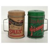 Pair of tin salt and pepper shakers with handles