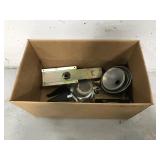 Box of assorted work components and parts