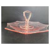 Pink glass dessert platter with handle