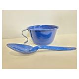 Blue enamelware cup and spoon
