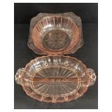 Two pink depression glass serving dishes