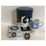Duck decorated trinket box, tins, and small mug