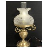 Antique brass lamp with frosted glass shade
