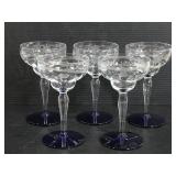 Five vintage blue based etched crystal glasses