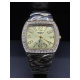 Gold toned metal cuff watch w/ crystals