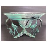 Signed H. Babcock glass bowl on metal crane stand