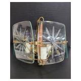 Vintage MCM teak & brass glass panel chandelier