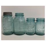Four assorted size Ball blue Perfect Mason jars