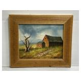 Original barn scene oil painting in wood frame