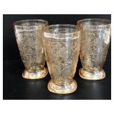 Three Jeannette Floragold Louisa footed glasses