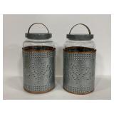 Pair of glass jars w/ punched metal jackets