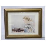 Framed Louis Icart art print, birthday girl w/ dog