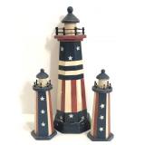 Trio of patriotic wood painted lighthouses