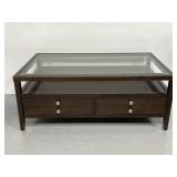 Glass top wood coffee table w/ double drawers