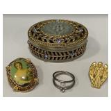 Enameled jeweled trinket box w/ brooches & ring
