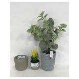 One concrete planter & two faux plants w/ planters