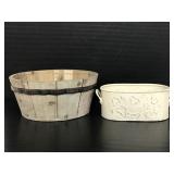 One rustic planter basket & one metal tin planter