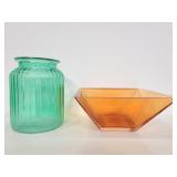 Teal glass vase and orange glass  bowl